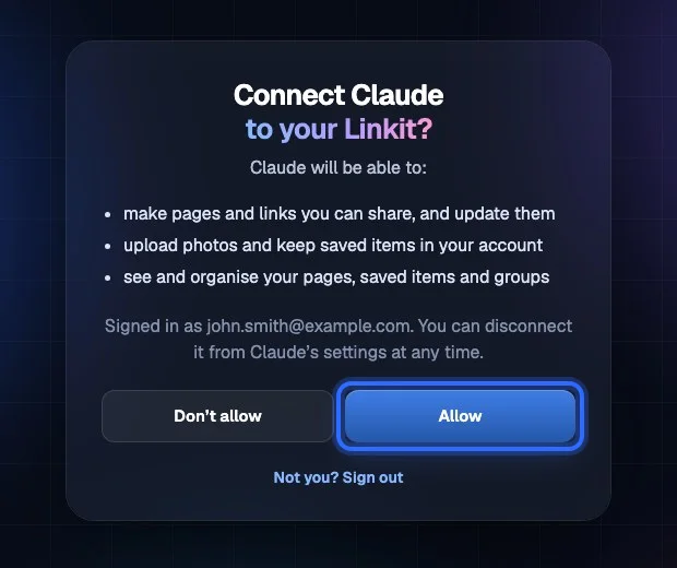 Claude, step 4: Choose Connect, then sign in to Linkit and choose Allow.