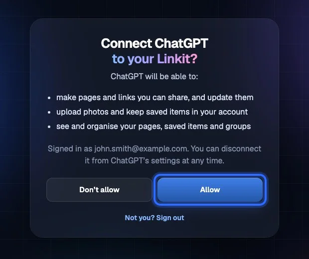 ChatGPT, step 6: Sign in to Linkit and choose Allow.