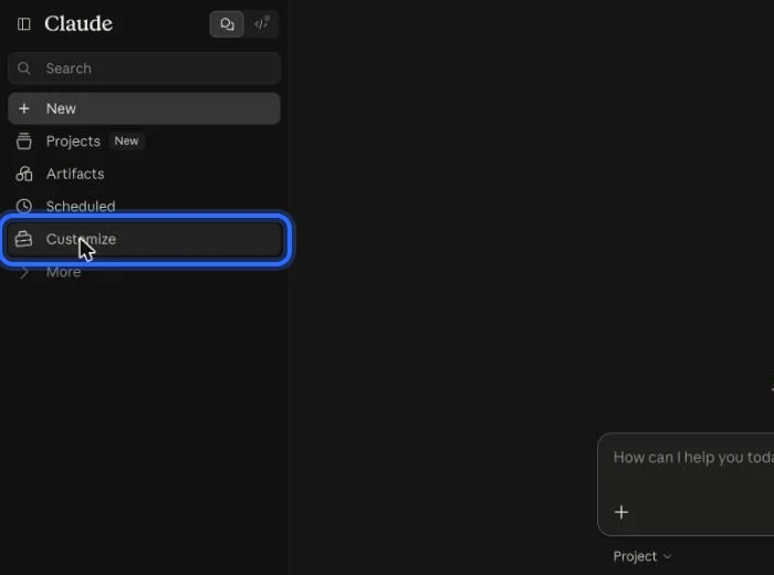 Claude, step 1: In Claude, choose Customize in the left sidebar.