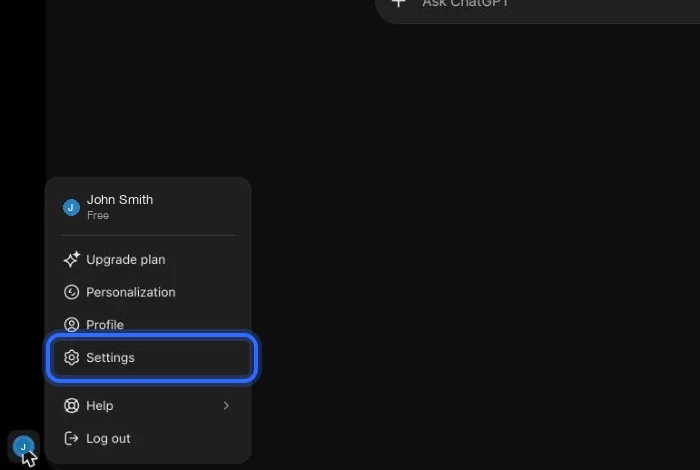 ChatGPT, step 1: On chatgpt.com, open your profile menu (bottom left) and choose Settings.