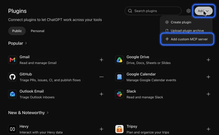 Connecting Linkit in ChatGPT: Choose Add, then “Add custom MCP server”.