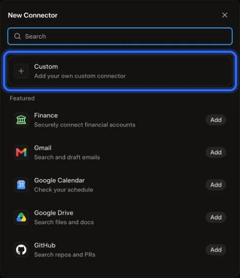 Connecting Linkit in Grok: Choose Plugins, New Connector, then Custom.