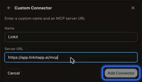 Grok, step 4: Name it Linkit, paste the address below and choose Add Connector.