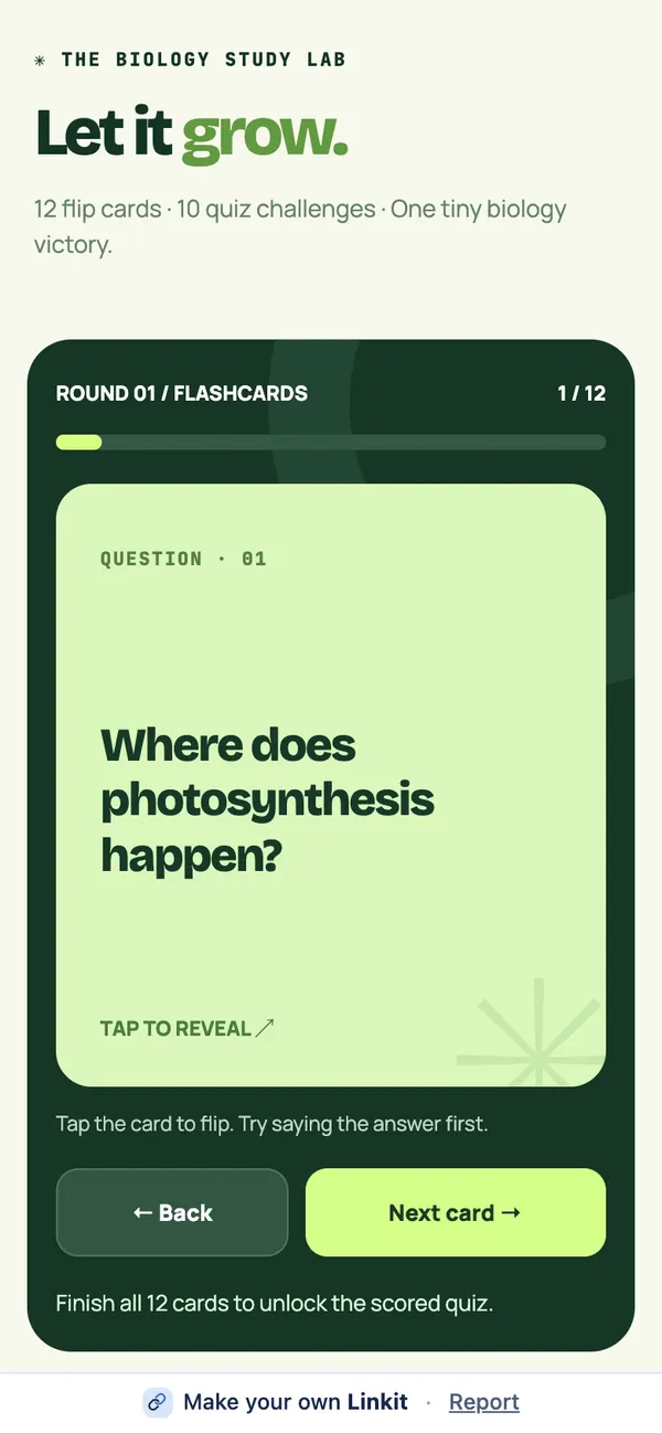 Photosynthesis study game, as it looks on a phone