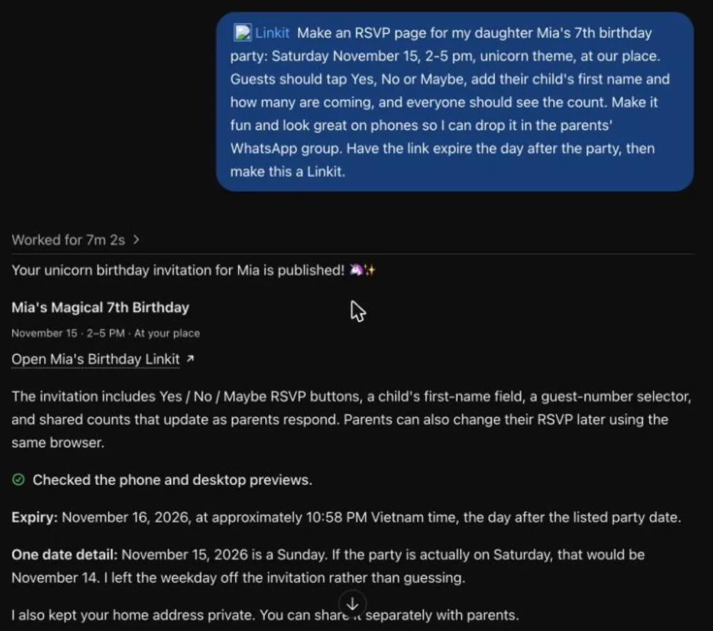 ChatGPT replying that the unicorn birthday invitation is published, with the link and its expiry date