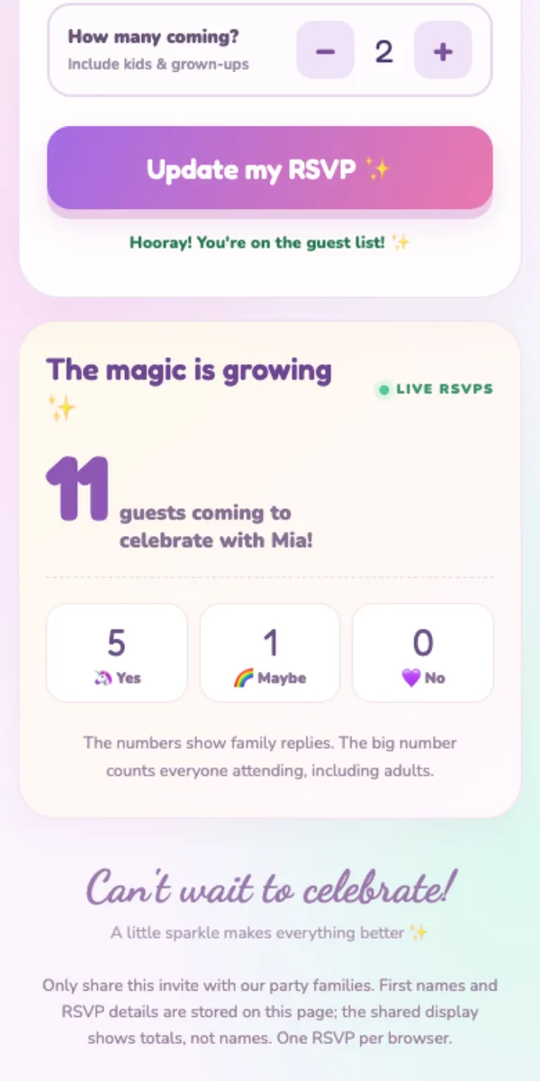 The live RSVP count on a phone: 11 guests coming, 5 Yes, 1 Maybe, 0 No