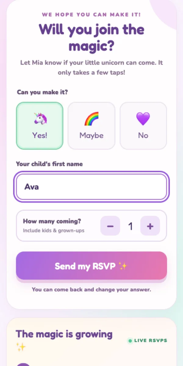 The RSVP form on a phone: Yes, Maybe, No, the child's name and how many are coming