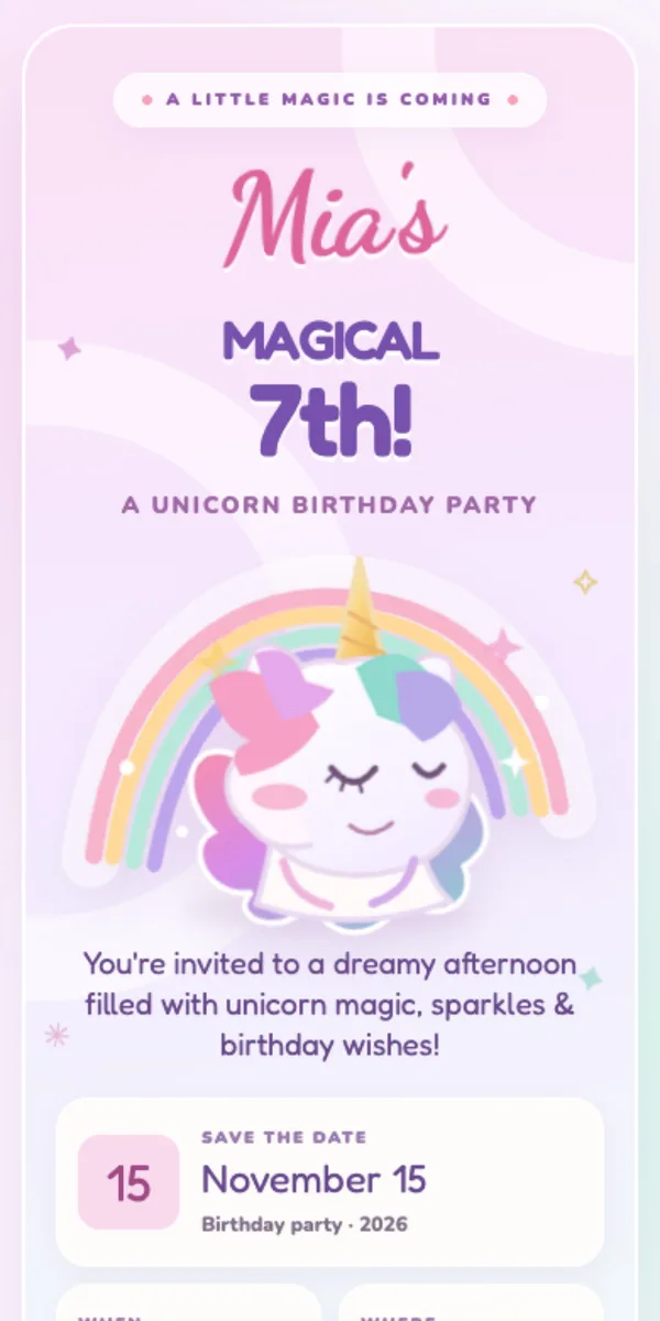 A unicorn birthday RSVP page made with ChatGPT, open on a phone