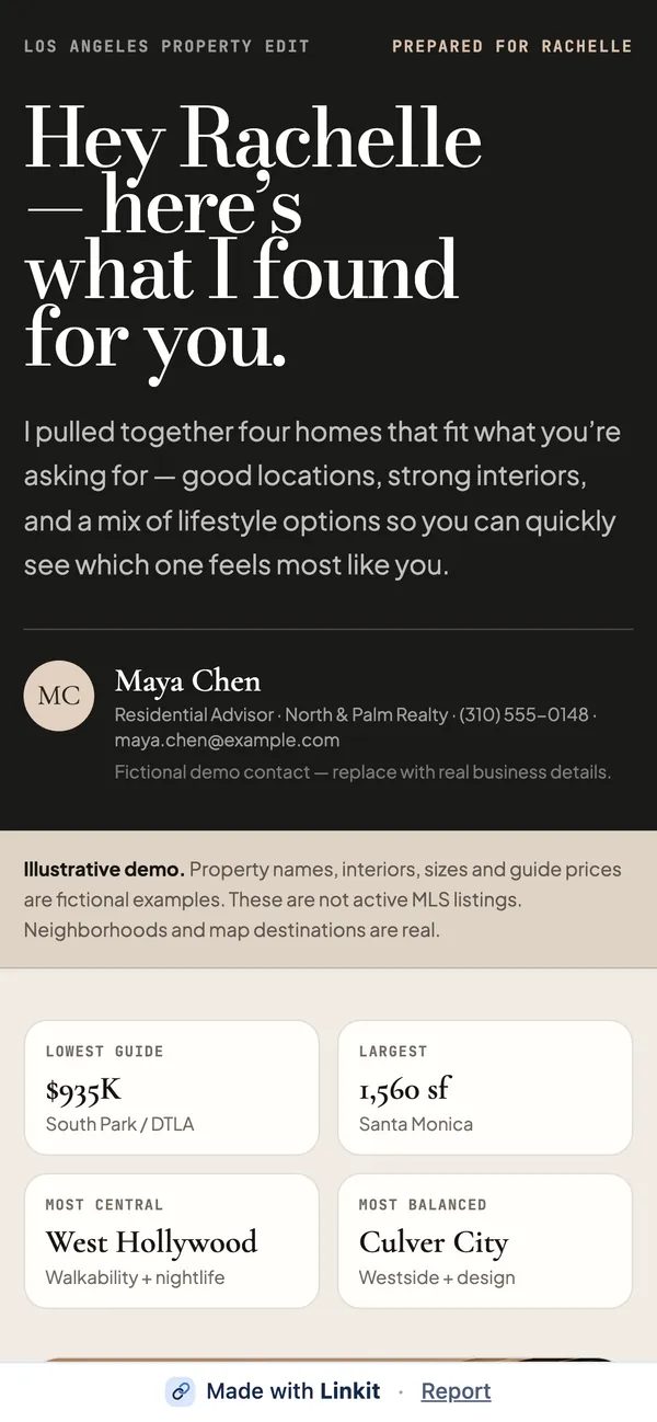 The condo shortlist on a phone: “Hey Rachelle — here’s what I found for you.”