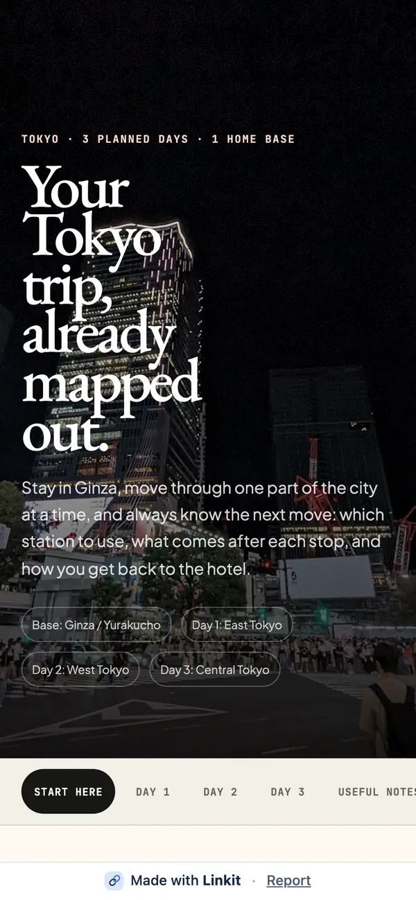 The Tokyo trip on a phone: “Your Tokyo trip, already mapped out.”